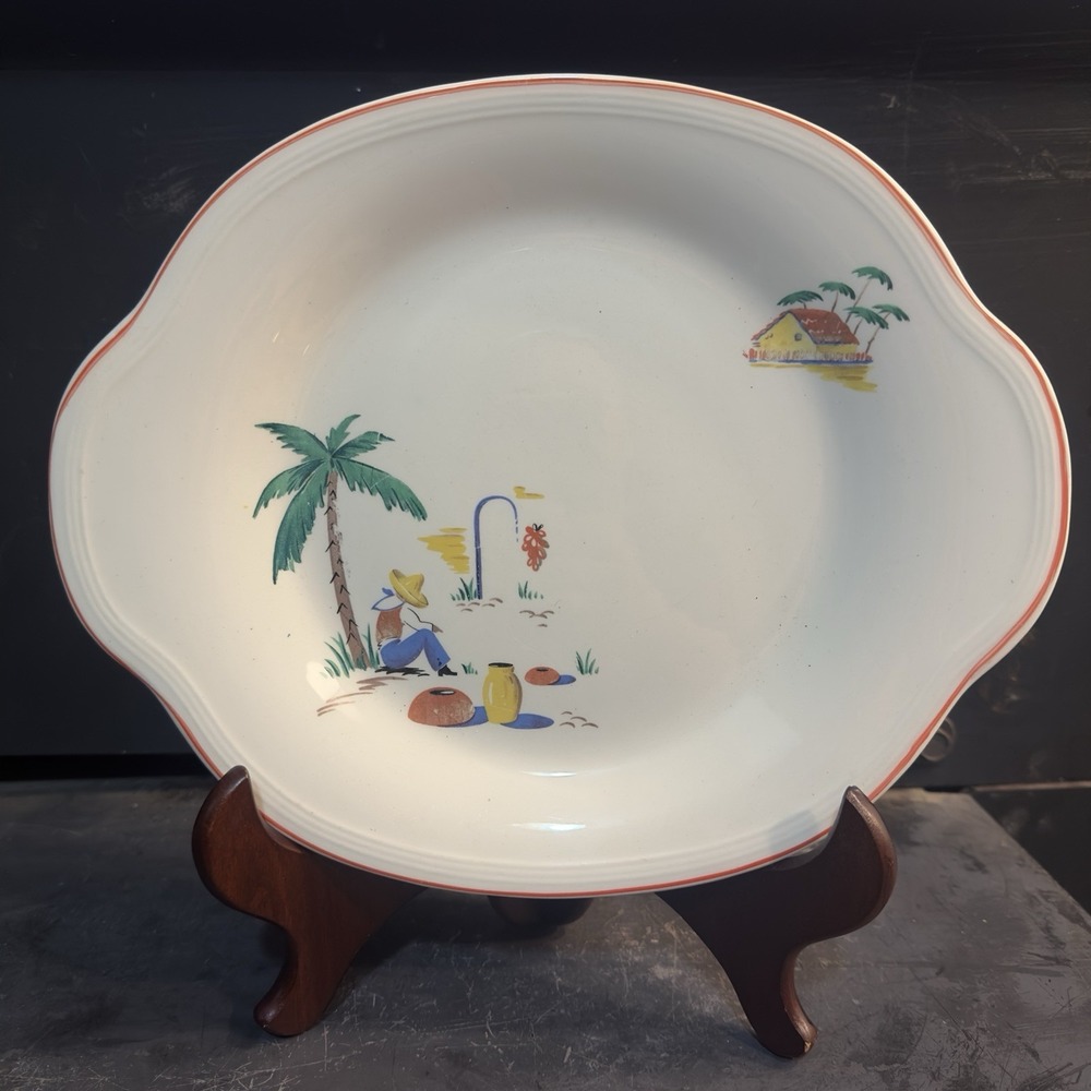 1930's Edwin Knowles Oval Platter Desert Southwest Tijuana Scene 11" x9"‎